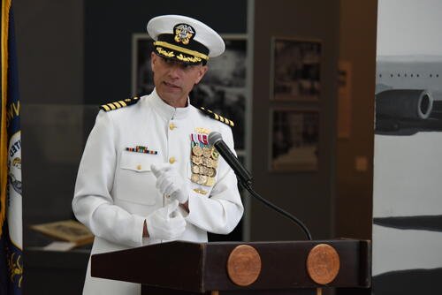 U.S. Navy Capt. Douglas B. Whimpey, incoming commander of First Naval Construction Regiment (First NCR), issues remarks to participants and guests gathered for a change of command ceremony at the U.S. Navy Seabee Museum on Naval Base Ventura County. Homeported in Port Hueneme, California, First Naval Construction Regiment exercises command and control over assigned Navy, Marine Corps and/or Joint Commands in contingency and peacetime missions. (Christopher Okula)